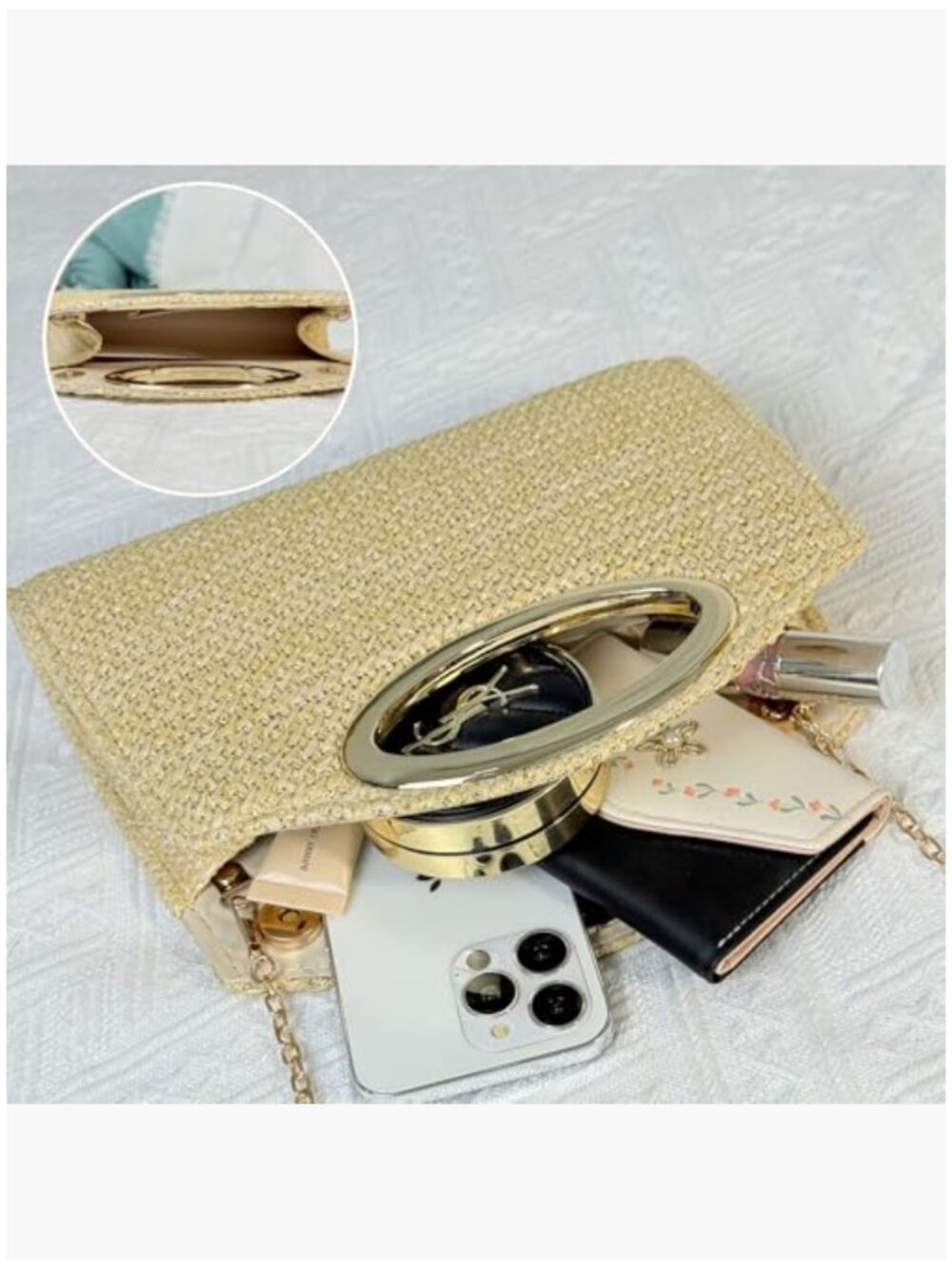 Woven Straw Clutch with Gold Chain, Top Handle Evening Bag - Picture 6 of 7